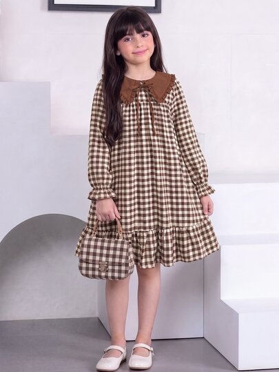 SHEIN Tween Girl Contrast Collar Brown Plaid Ruffle Ruched Waist A-Line Dress