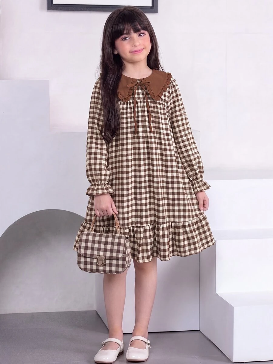 SHEIN Tween Girl Contrast Collar Brown Plaid Ruffle Ruched Waist A-Line Dress - Khaki - View 1