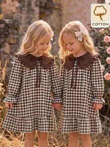 SHEIN Tween Girl Contrast Collar Brown Plaid Ruffle Ruched Waist A-Line Dress - Khaki - View 8