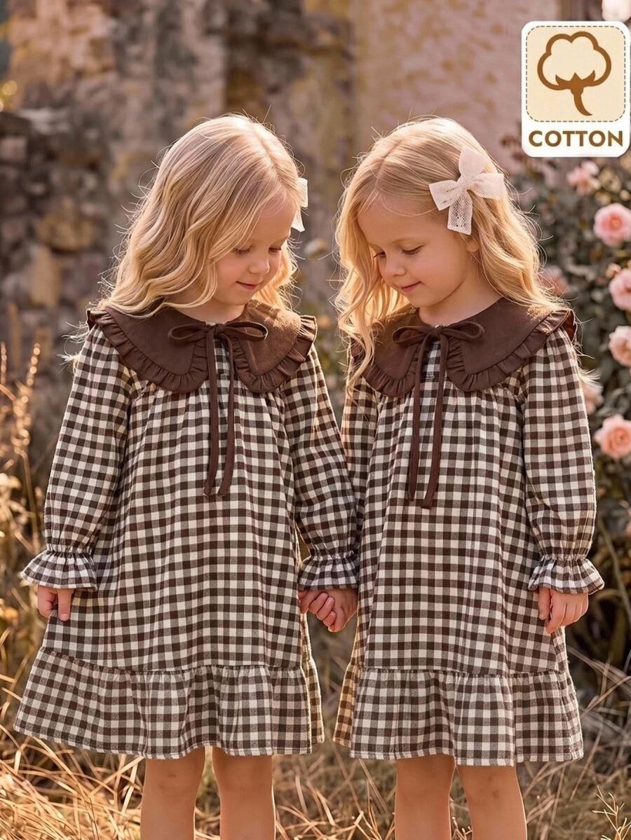 SHEIN Kids Tween Girl Contrast Collar Brown Plaid Ruffle Ruched Waist A-Line Dress - Khaki - View 1