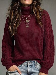 SHEIN 寬鬆慵懶高領長袖套頭毛衣 - 酒紅色 - 查看 3