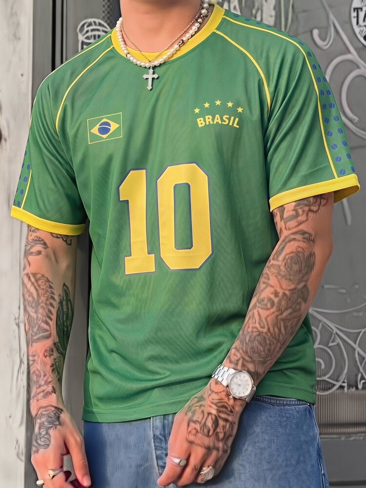 GENTILAND Retro American And White Drop Shoulder T-Shirt With Print, Summer Casual Streetwear Crew Neck Graphic Tee For Men's, Men's Graphic T Shirt - Green - View 5