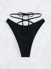 SHEIN Swim 女士绷带拼色时尚泳装比基尼泳裤，适合海滩或泳池夏季 - 黑與白 - 查看 2