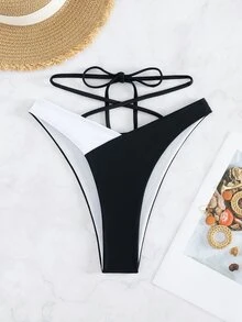 SHEIN Swim 女士绷带拼色时尚泳装比基尼泳裤，适合海滩或泳池夏季 - 黑與白 - 查看 1