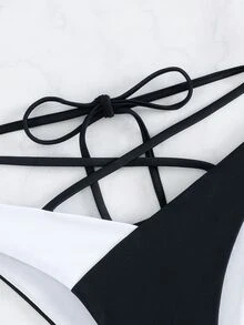 SHEIN Swim 女士绷带拼色时尚泳装比基尼泳裤，适合海滩或泳池夏季 - 黑與白 - 查看 3