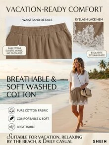 SHEIN Holidaya Holidaya 女款夏季新款棉質休閒波西米亞風抽繩蕾絲拼接下擺短褲，彈性腰頭設計，白色優質寬鬆顯瘦長褲 - 卡其色 - 查看 9