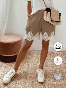SHEIN Holidaya Holidaya 女款夏季新款棉質休閒波西米亞風抽繩蕾絲拼接下擺短褲，彈性腰頭設計，白色優質寬鬆顯瘦長褲 - 卡其色 - 查看 2