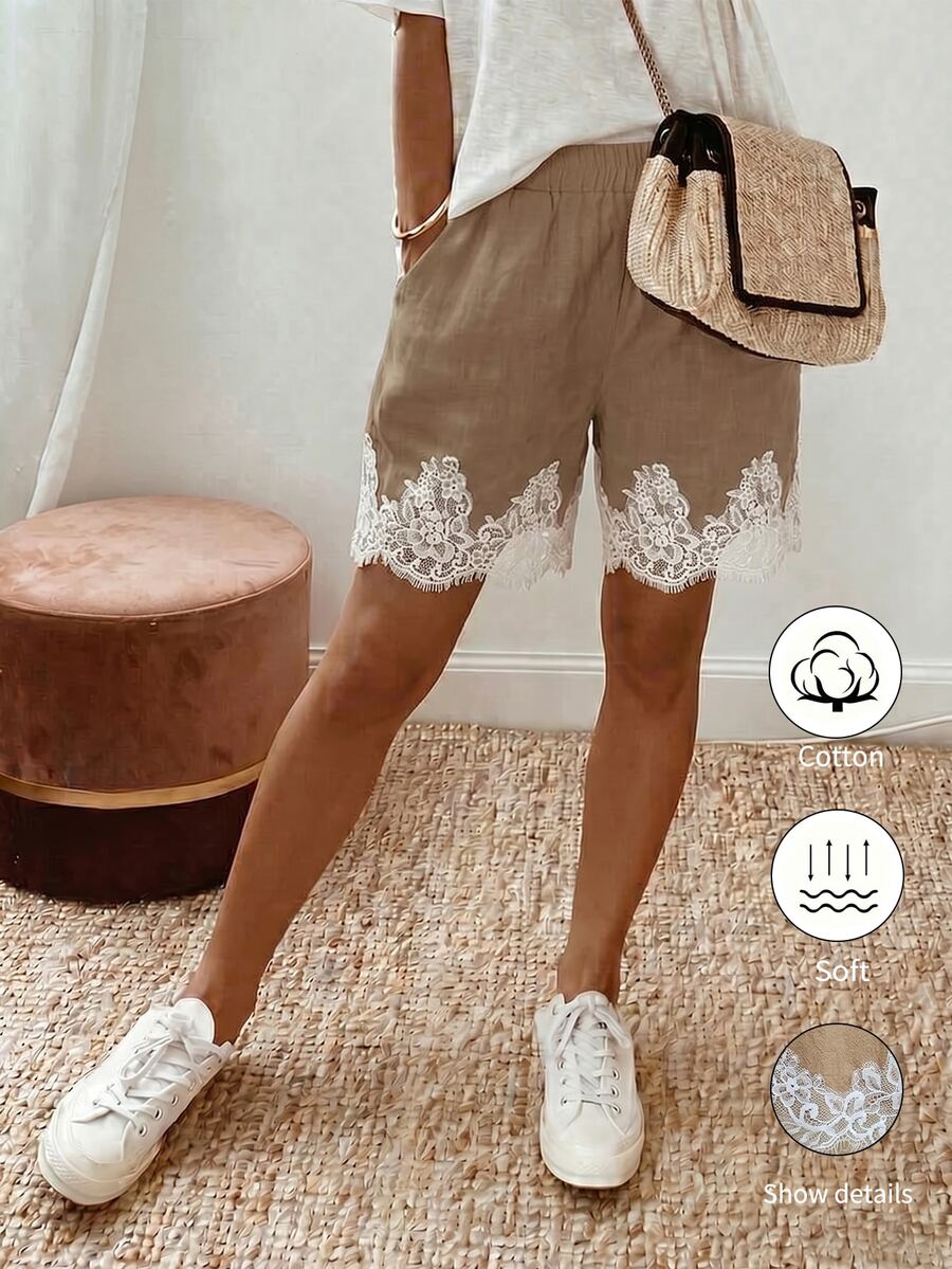 SHEIN Holidaya Holidaya 女款夏季新款棉質休閒波西米亞風抽繩蕾絲拼接下擺短褲，彈性腰頭設計，白色優質寬鬆顯瘦長褲