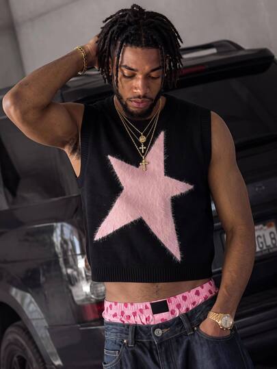 Manfinity RebelGame Fashion Men's Jacquard Sleeveless Star Pattern Sweater Vest, Spring, Contrast, Holiday, Vacation, Contrast, Holiday, Spring, Vacation