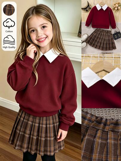 SHEIN Elladie kids 2件套女童休闲毛领卫衣和格子百褶裙套装，适合春秋季穿着