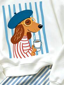 Young Girls 1 Set Fall Cute Dog Print Crew Neck Sweatshirt & Striped Straight Leg Pants Set, Casual Autumn Outfit - Multicolor - View 7