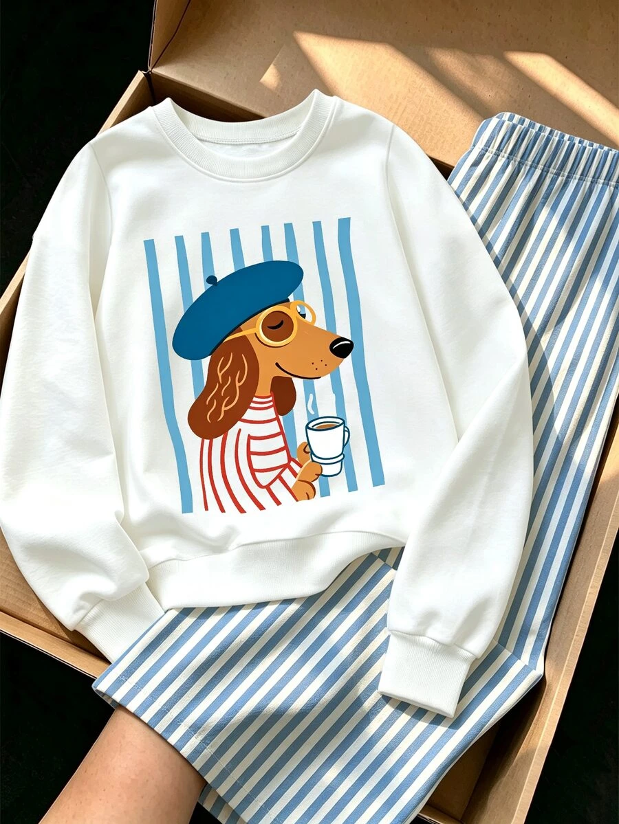 Young Girls 1 Set Fall Cute Dog Print Crew Neck Sweatshirt & Striped Straight Leg Pants Set, Casual Autumn Outfit - Multicolor - View 1