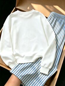 Young Girls 1 Set Fall Cute Dog Print Crew Neck Sweatshirt & Striped Straight Leg Pants Set, Casual Autumn Outfit - Multicolor - View 2