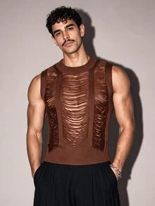FeverCity Men's Solid Color Hollow Knit Vest - Brown - View 3