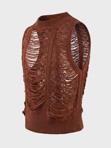 FeverCity Men's Solid Color Hollow Knit Vest - Brown - View 7