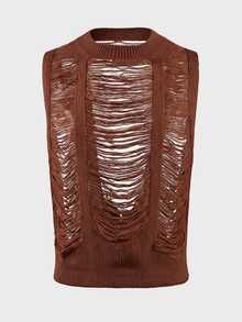 FeverCity Men's Solid Color Hollow Knit Vest - Brown - View 5