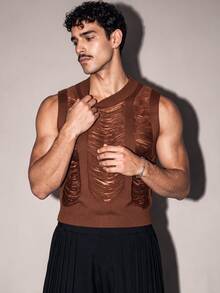FeverCity Men's Solid Color Hollow Knit Vest - Brown - View 1