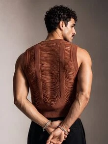 FeverCity Men's Solid Color Hollow Knit Vest - Brown - View 2
