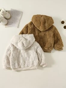 SHEIN 中性嬰兒男/女童、幼兒 2件組秋冬休閒可愛毛絨連帽夾克外套多件套裝，嬰兒加厚棉襖，冬季外套，抓絨加厚 - 杏色 - 查看 2