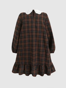 SHEIN Tween女孩秋冬刺繡蕾絲領梭織格紋拼接娃娃洋裝 寬鬆長袖復古學院休閒風 棕色 - 棕色 - 查看 7