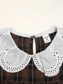SHEIN Tween女孩秋冬刺繡蕾絲領梭織格紋拼接娃娃洋裝 寬鬆長袖復古學院休閒風 棕色 - 棕色 - 查看 5