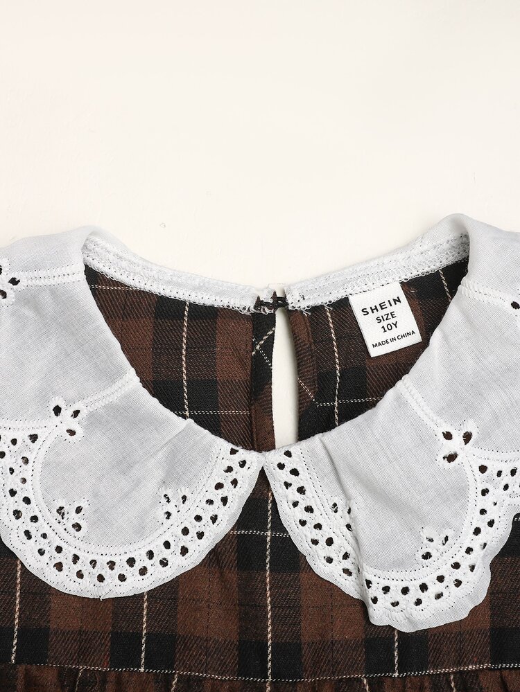 SHEIN Tween女孩秋冬刺繡蕾絲領梭織格紋拼接娃娃洋裝 寬鬆長袖復古學院休閒風 棕色 - 棕色 - 查看 5