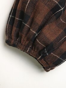 SHEIN Tween女孩秋冬刺繡蕾絲領梭織格紋拼接娃娃洋裝 寬鬆長袖復古學院休閒風 棕色 - 棕色 - 查看 6