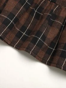 SHEIN Tween女孩秋冬刺繡蕾絲領梭織格紋拼接娃娃洋裝 寬鬆長袖復古學院休閒風 棕色 - 棕色 - 查看 9