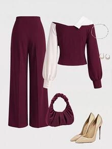 Easura Setelan Elegan Atasan dan Celana Asimetris Colorblock untuk Wanita Ukuran Plus, Cocok untuk Kencan Sehari-hari, Perjalanan Harian, dan Liburan Santai. - MultiWarna - View 2