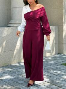 Easura Setelan Elegan Atasan dan Celana Asimetris Colorblock untuk Wanita Ukuran Plus, Cocok untuk Kencan Sehari-hari, Perjalanan Harian, dan Liburan Santai. - MultiWarna - View 7