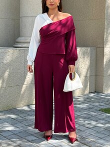 Easura Setelan Elegan Atasan dan Celana Asimetris Colorblock untuk Wanita Ukuran Plus, Cocok untuk Kencan Sehari-hari, Perjalanan Harian, dan Liburan Santai. - MultiWarna - View 9