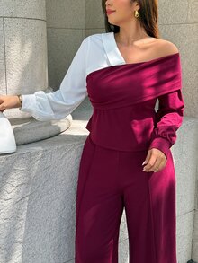 Easura Setelan Elegan Atasan dan Celana Asimetris Colorblock untuk Wanita Ukuran Plus, Cocok untuk Kencan Sehari-hari, Perjalanan Harian, dan Liburan Santai. - MultiWarna - View 4