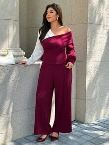 Easura Setelan Elegan Atasan dan Celana Asimetris Colorblock untuk Wanita Ukuran Plus, Cocok untuk Kencan Sehari-hari, Perjalanan Harian, dan Liburan Santai. - MultiWarna - View 5