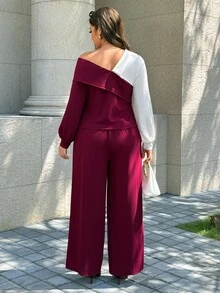 Easura Setelan Elegan Atasan dan Celana Asimetris Colorblock untuk Wanita Ukuran Plus, Cocok untuk Kencan Sehari-hari, Perjalanan Harian, dan Liburan Santai. - MultiWarna - View 6
