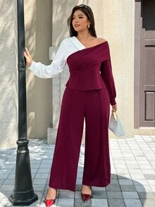 Easura Setelan Elegan Atasan dan Celana Asimetris Colorblock untuk Wanita Ukuran Plus, Cocok untuk Kencan Sehari-hari, Perjalanan Harian, dan Liburan Santai. - MultiWarna - View 8