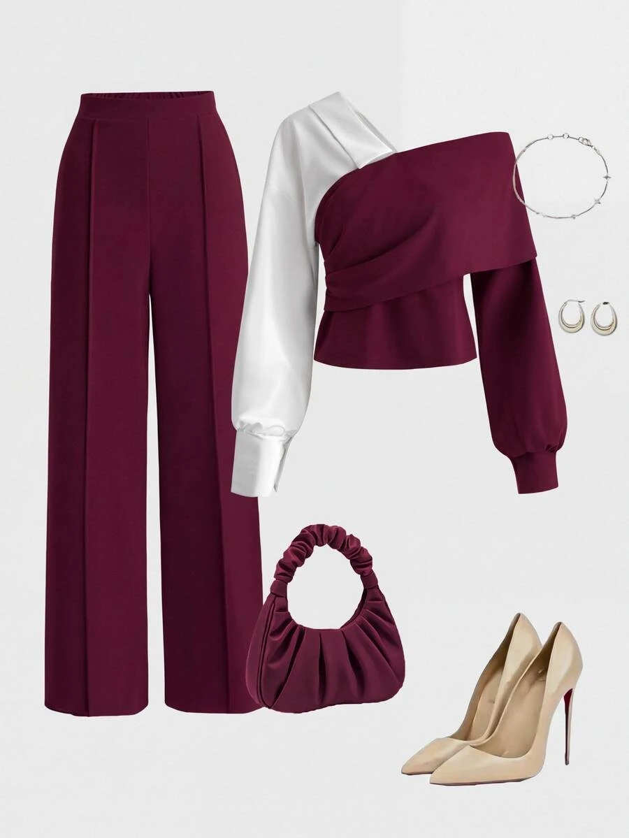 Easura Setelan Elegan Atasan dan Celana Asimetris Colorblock untuk Wanita Ukuran Plus, Cocok untuk Kencan Sehari-hari, Perjalanan Harian, dan Liburan Santai. - MultiWarna - View 1
