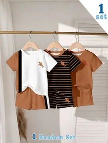SHEIN Random 1 Set, Brown Colorblock Casual Fashion Classic Crew Neck Short Sleeve T-Shirt And Shorts Set,School Clothes - Multicolor - View 2