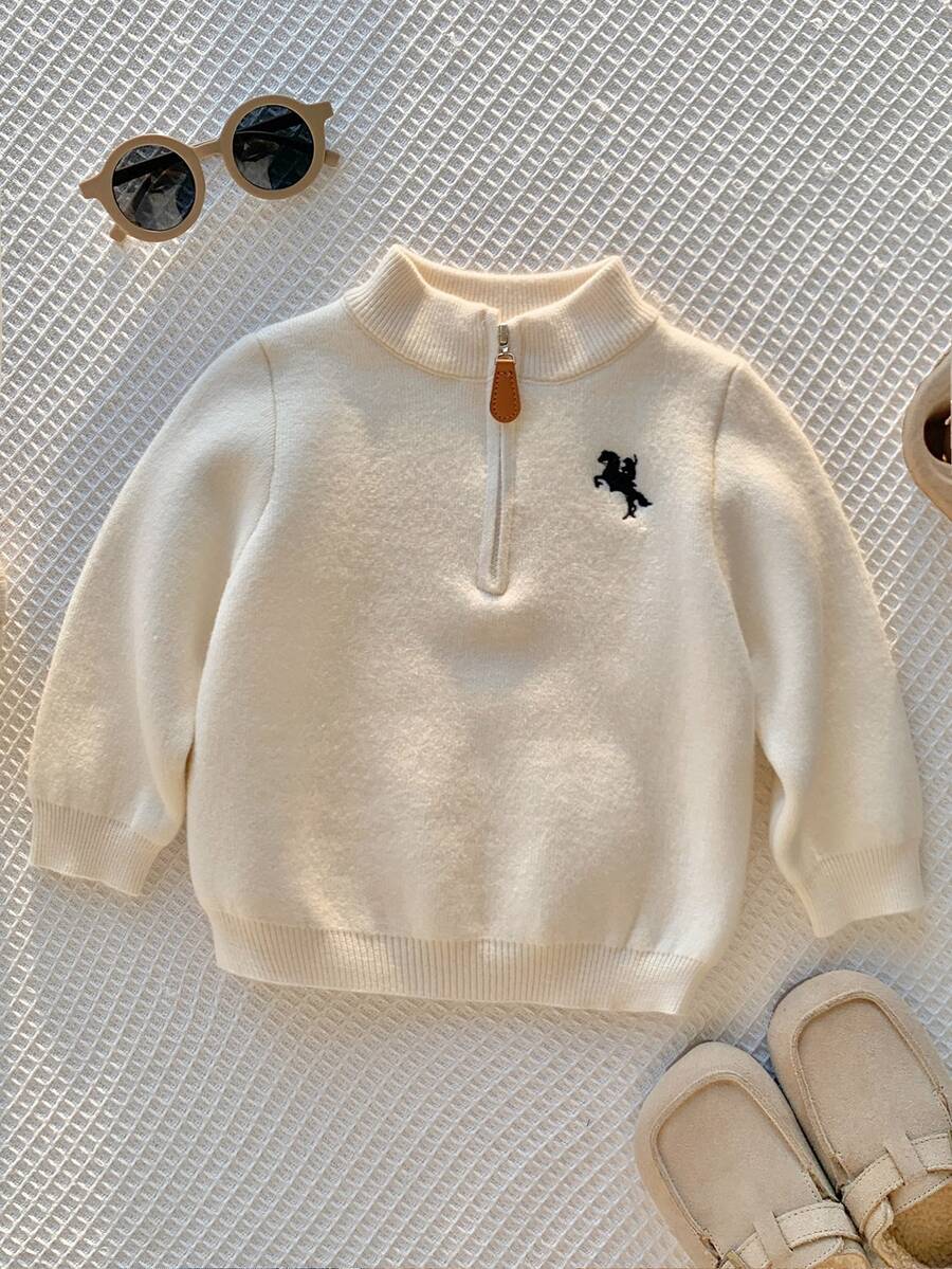 SHEIN 中性嬰兒男/女童、幼兒秋冬保暖內裡加厚立領半鈕扣開襟針織衫，保暖、加厚 - 杏色 - 查看 1