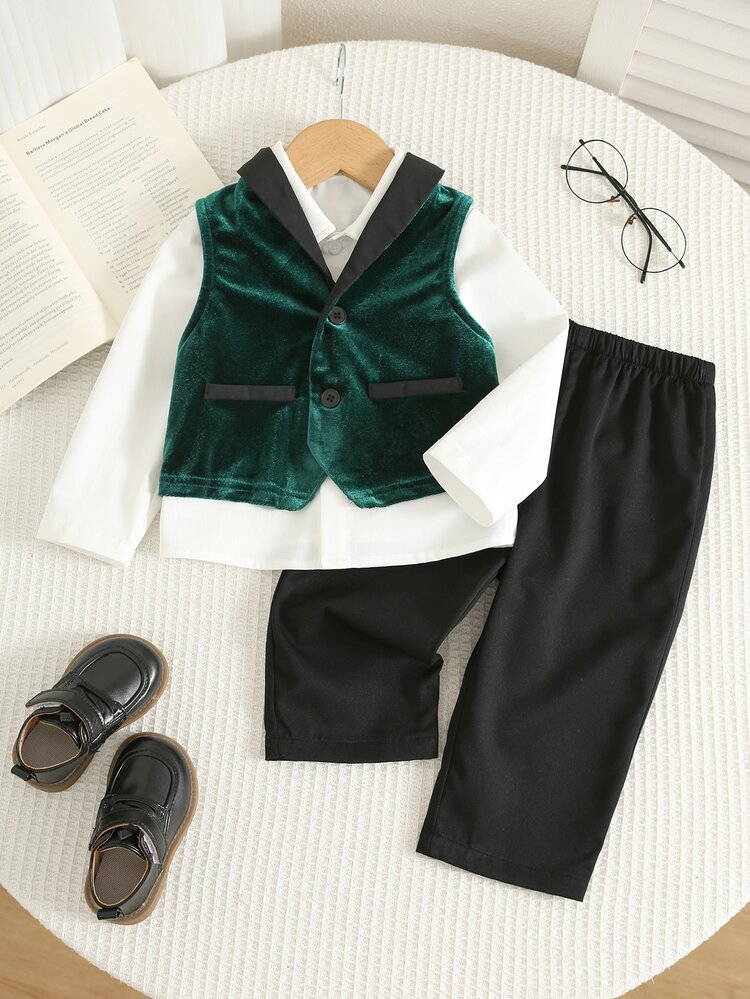 SHEIN Baby Boy, Baby Boy 2pcs Autumn/Winter Elegant Cute Green Velvet Vest And Black Dress Pants Suit, Baby Suits, Suitable For Holidays, Full Moon And First Birthday Celebration, Baby Shower, Wedding, Christmas - Dark Green - View 3