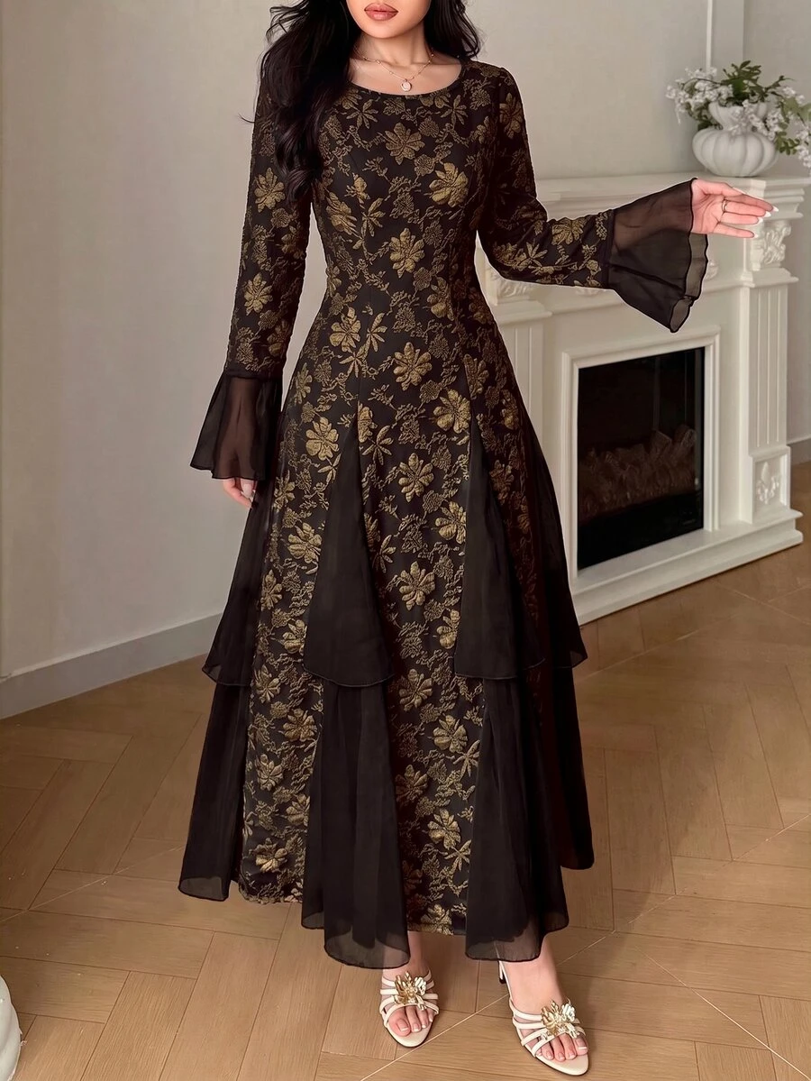 Yasmyna Women Spring Autumn Soft Elegant Low Key Black Gold Floral Embroidery Round Neck Chiffon Patchwork Ruffle Flare Sleeve Gown For Engagement DinnerParty - Coffee Brown - View 1