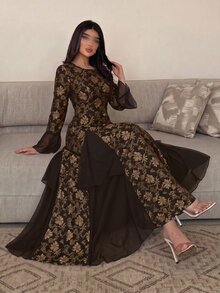 Yasmyna Women Spring Autumn Soft Elegant Low Key Black Gold Floral Embroidery Round Neck Chiffon Patchwork Ruffle Flare Sleeve Gown For Engagement DinnerParty - Coffee Brown - View 6