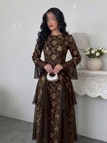 Yasmyna Women Spring Autumn Soft Elegant Low Key Black Gold Floral Embroidery Round Neck Chiffon Patchwork Ruffle Flare Sleeve Gown For Engagement DinnerParty - Coffee Brown - View 7