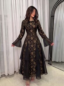 Yasmyna Women Spring Autumn Soft Elegant Low Key Black Gold Floral Embroidery Round Neck Chiffon Patchwork Ruffle Flare Sleeve Gown For Engagement DinnerParty - Coffee Brown - View 4