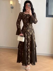 Yasmyna Women Spring Autumn Soft Elegant Low Key Black Gold Floral Embroidery Round Neck Chiffon Patchwork Ruffle Flare Sleeve Gown For Engagement DinnerParty - Coffee Brown - View 5