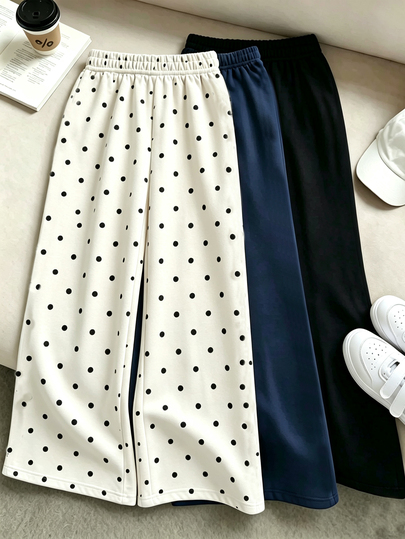 SHEIN Vintaside Kids 3pcs/Set Girls Wide Leg Straight Pants Autumn/Winter Series New Fashion Polka Dot Pants Dark Navy Blue And Black Versatile Pants, 3 Styles Casual Mix And Match, Suitable For Outings, School, Travel, Comfortable Casual INS Style Autumn/Winter New Pants