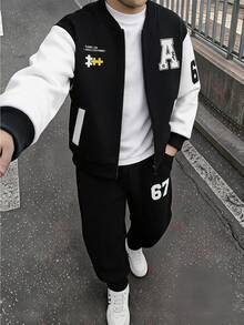 SHEIN 兒童青少年男孩休閒運動街頭風字母數字圖案拼色夾克棒球夾克與長褲2件套，適合通勤、上學、日常休閒、運動、街頭穿搭，秋冬款 - 黑色 - 查看 6