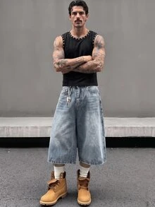 GENTILAND 男士黑色無袖背心，鉚釘飾邊圓領肌肉背心，街頭風夏季美式足球風 - 黑色 - 查看 9