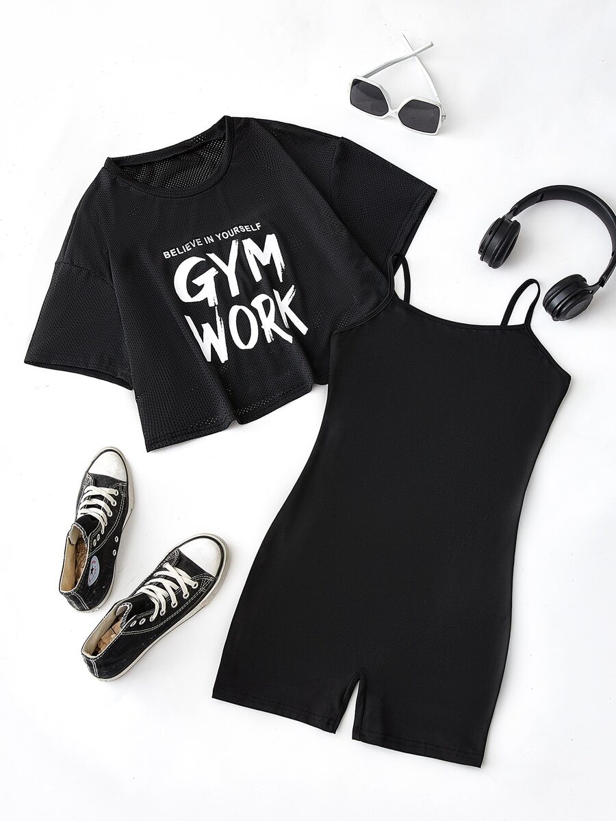 Gameset SHEIN Sport Slogan Graphic Cami Romper Workout Set - Black - View 1