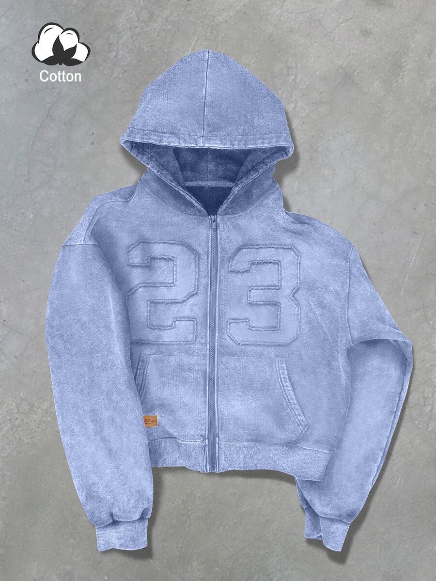 PAVTROS 男士拼接刺繡拉鍊長袖連帽衛衣,度假海灘風,藍色,秋季街頭穿搭 - 藍色 - 查看 1