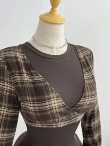 Elamini Fashionable Retro Brown Plaid Patchwork Ribbed 2 In 1 Short Bodycon Slimming Long Sleeve Dress, Simple Versatile Sexy Style For Women, Early Autumn - Multicolor - View 7